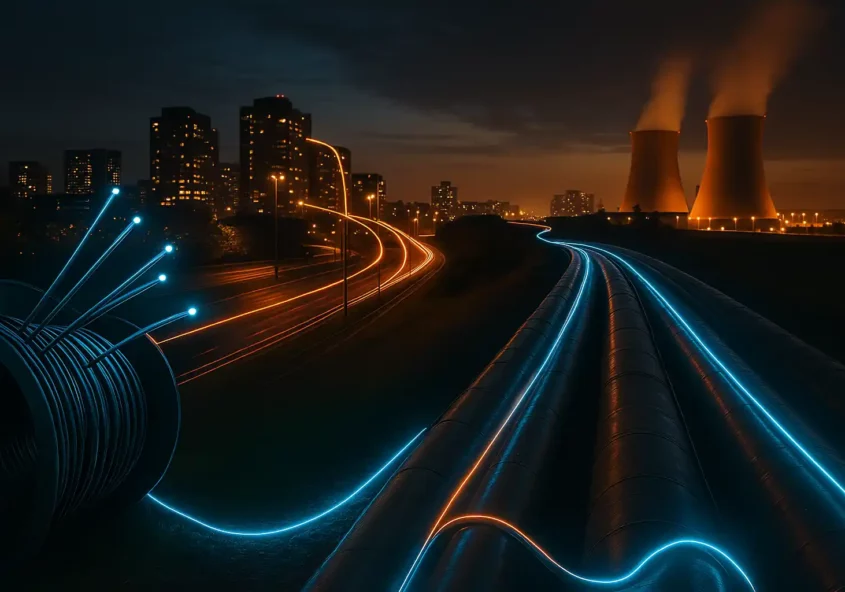 Fiber optic cables monitoring underground pipelines and energy facilities with glowing sensing paths in a nighttime cityscape.