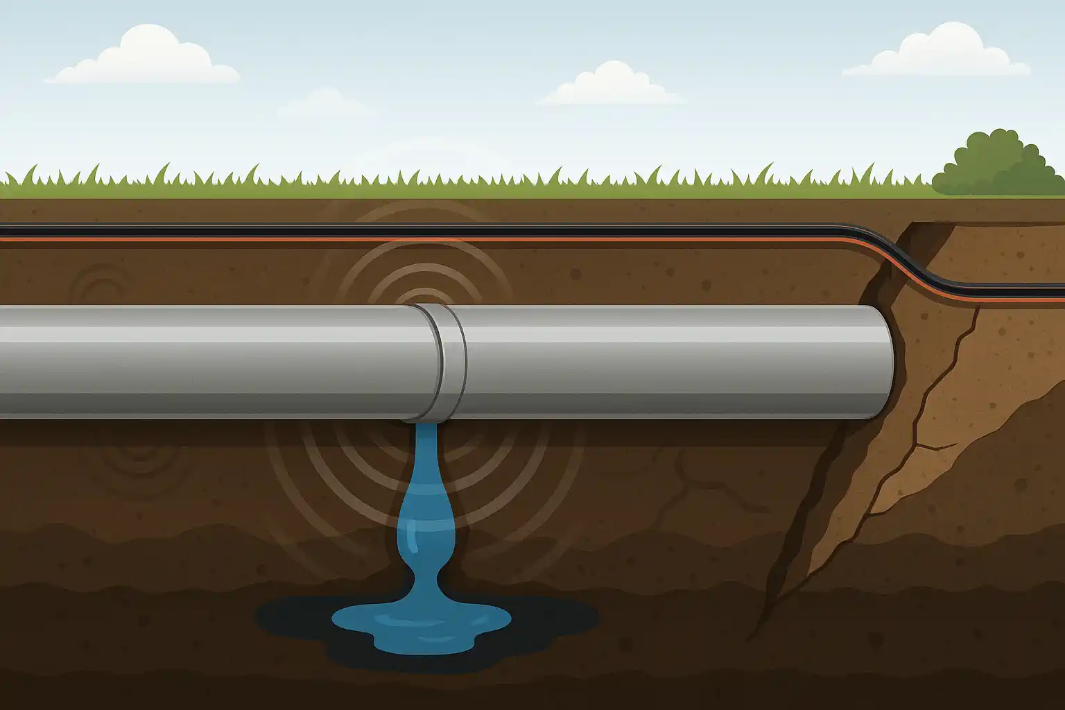 Illustration of a leaking underground pipe detected by fiber optic sensing cable.