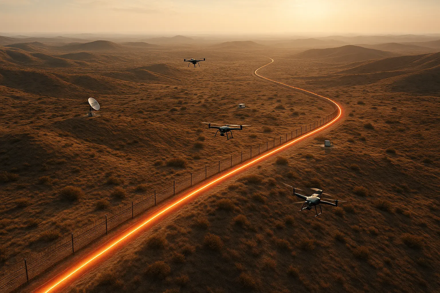 Drones and fiber optic sensing system monitoring a desert border with long-range surveillance.