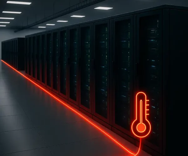 Fiber optic DTS cable detecting elevated temperatures across server racks in a data center, visualized by a glowing thermometer icon.