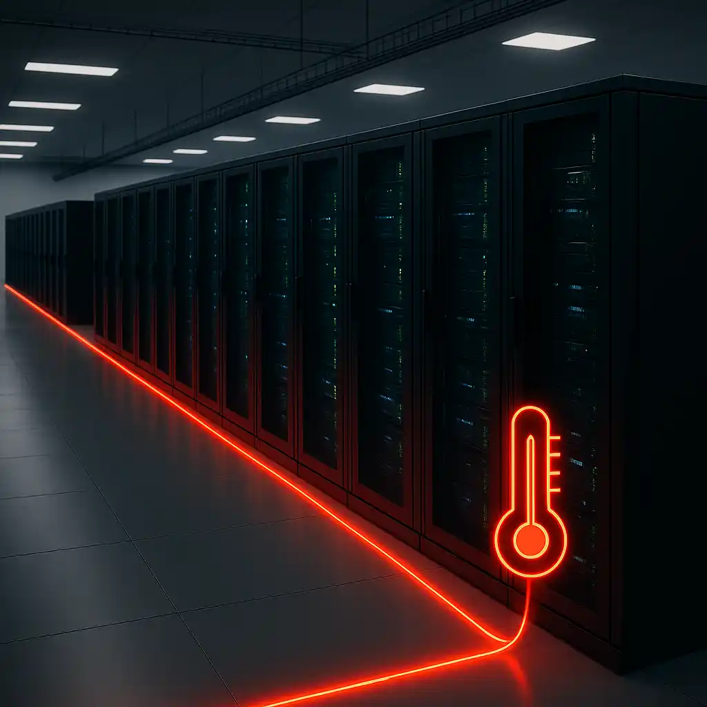 Fiber optic DTS cable detecting elevated temperatures across server racks in a data center, visualized by a glowing thermometer icon.