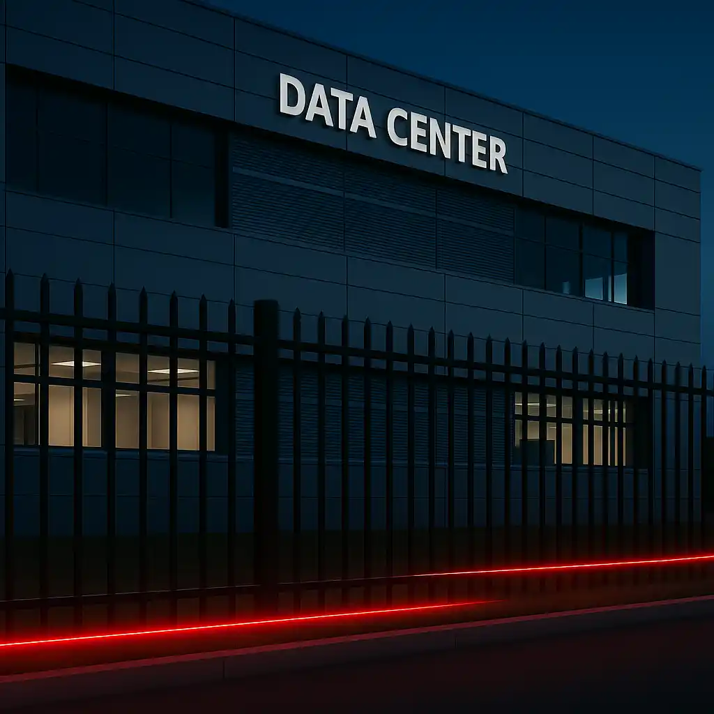 Fiber optic Distributed Acoustic Sensing (DAS) line securing the perimeter of a data center facility for intrusion detection with FOTAS.