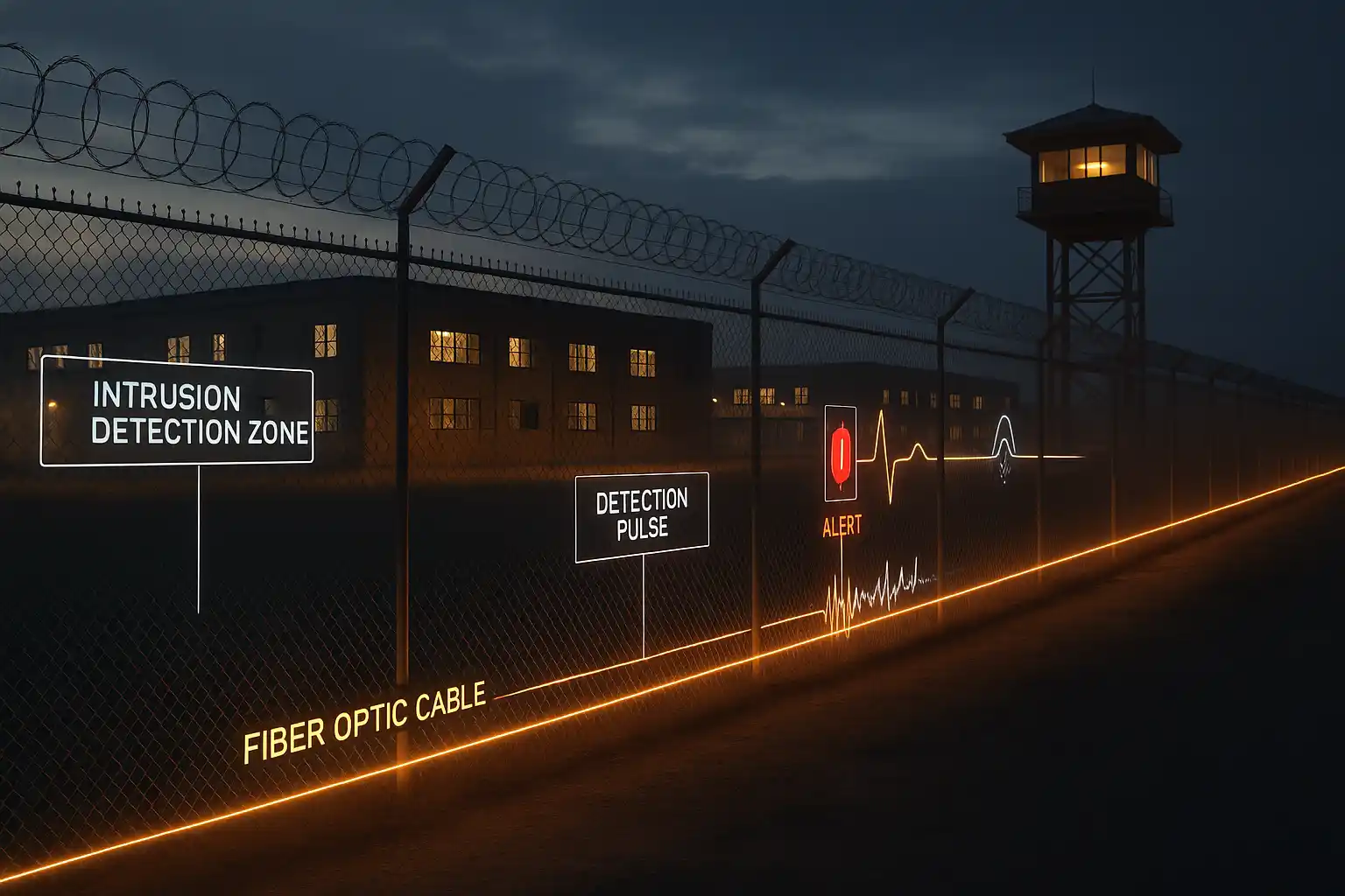 Real-time perimeter breach detection using fiber optic cable and DAS technology at a secured facility.