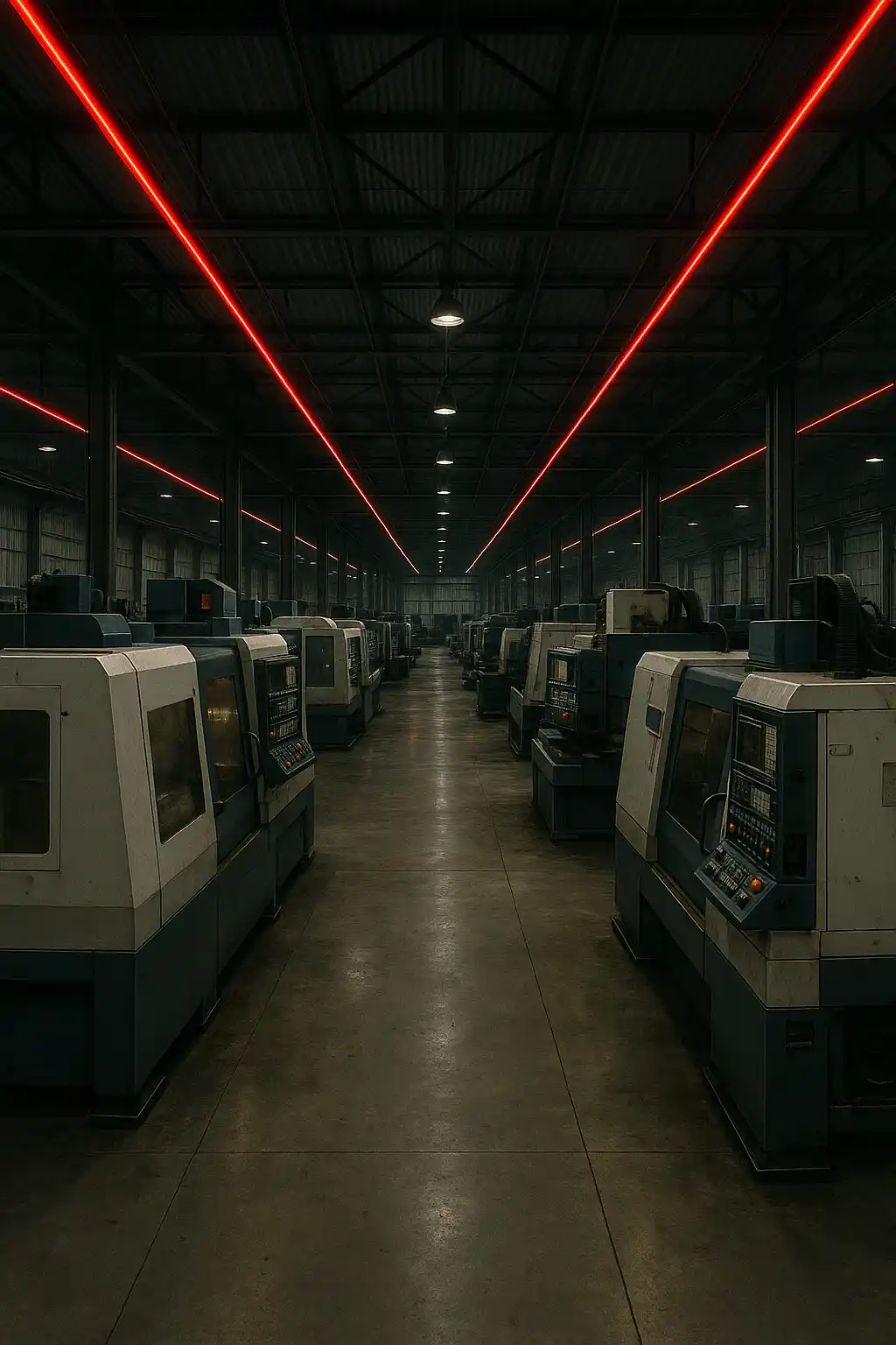 CNC-equipped industrial manufacturing hall monitored by FOTAS using overhead fiber optic sensing lines for machine vibration and temperature tracking.