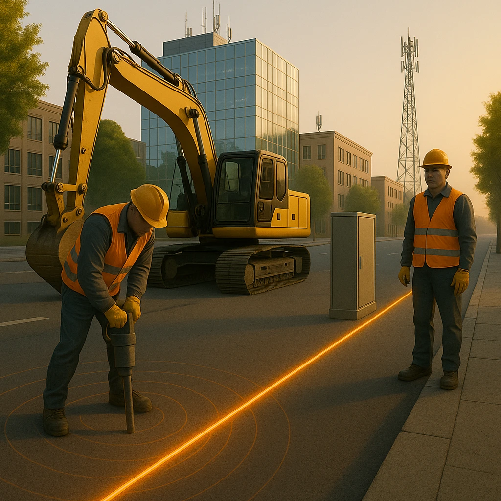 Two construction workers using a jackhammer above an underground fiber optic cable, with DAS (Distributed Acoustic Sensing) detecting vibrations in a city street.
