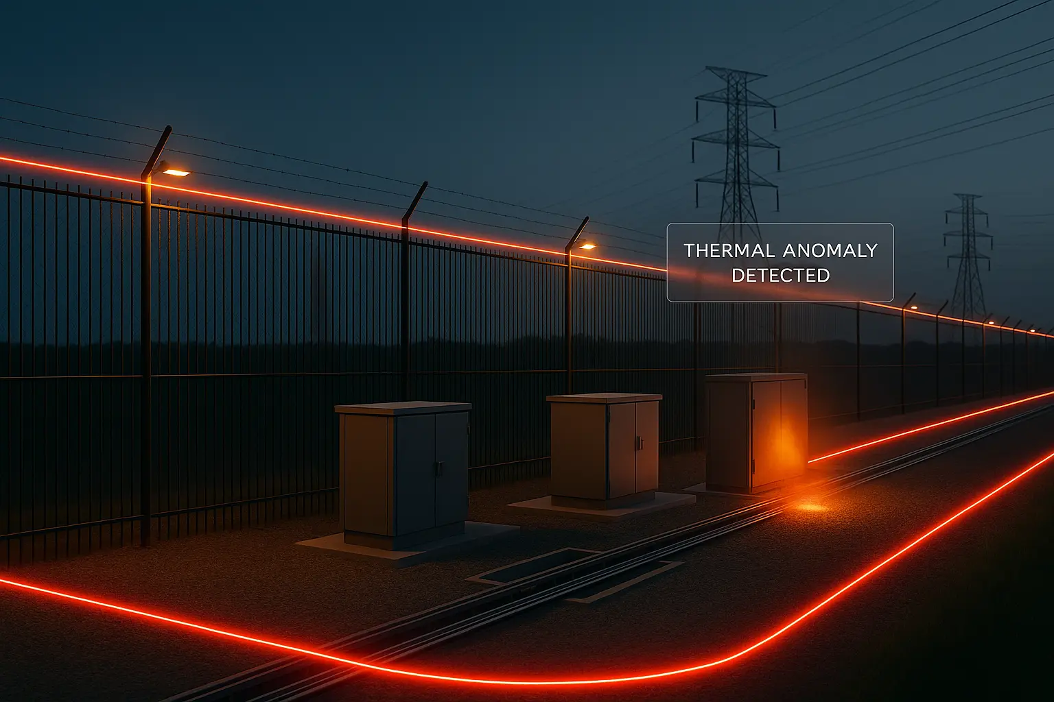 Thermal anomaly detected along fiber optic cable route in a high-voltage utility zone using DTS technology.