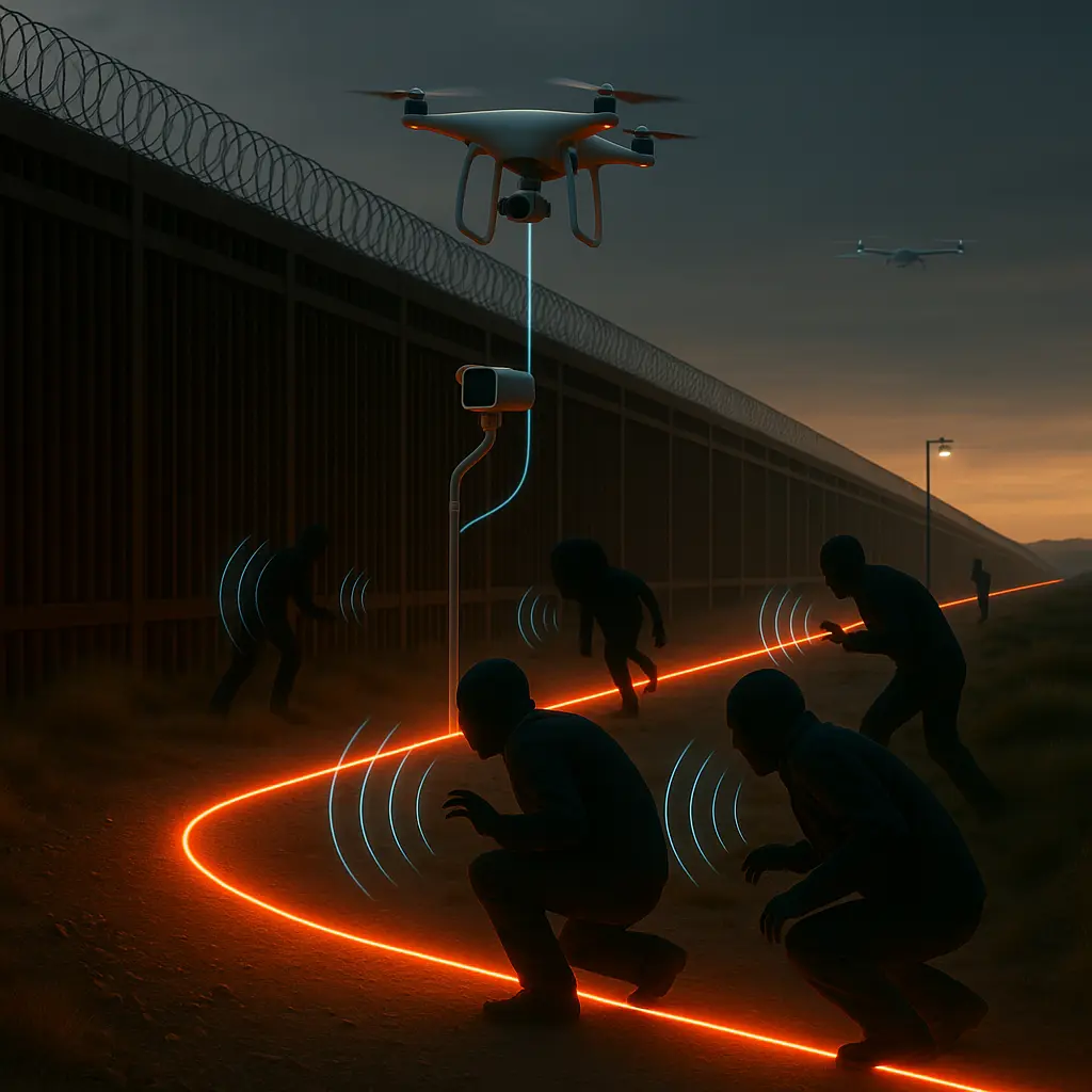 Drone and fiber optic border monitoring system detecting unauthorized crossing attempts at night.