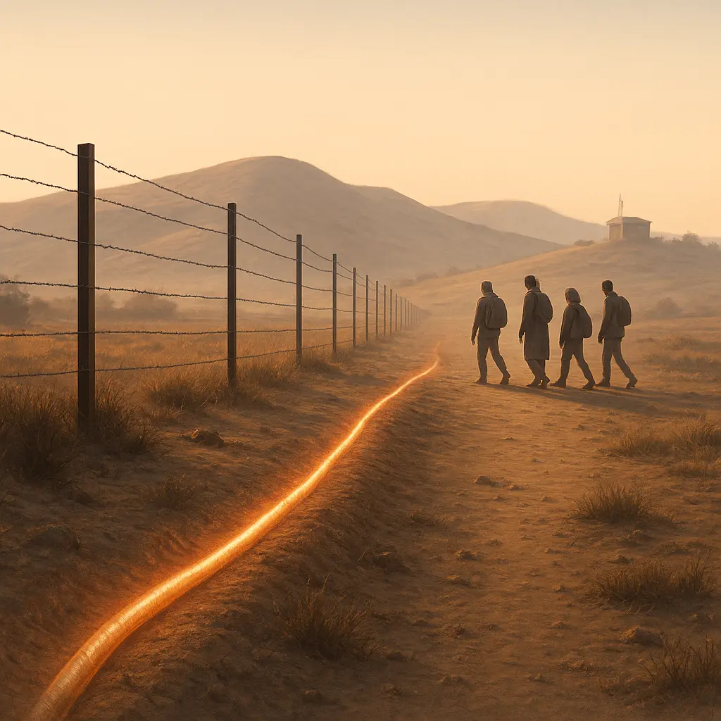 Border patrol near a barbed wire fence with an underground fiber optic cable illuminated for perimeter security.