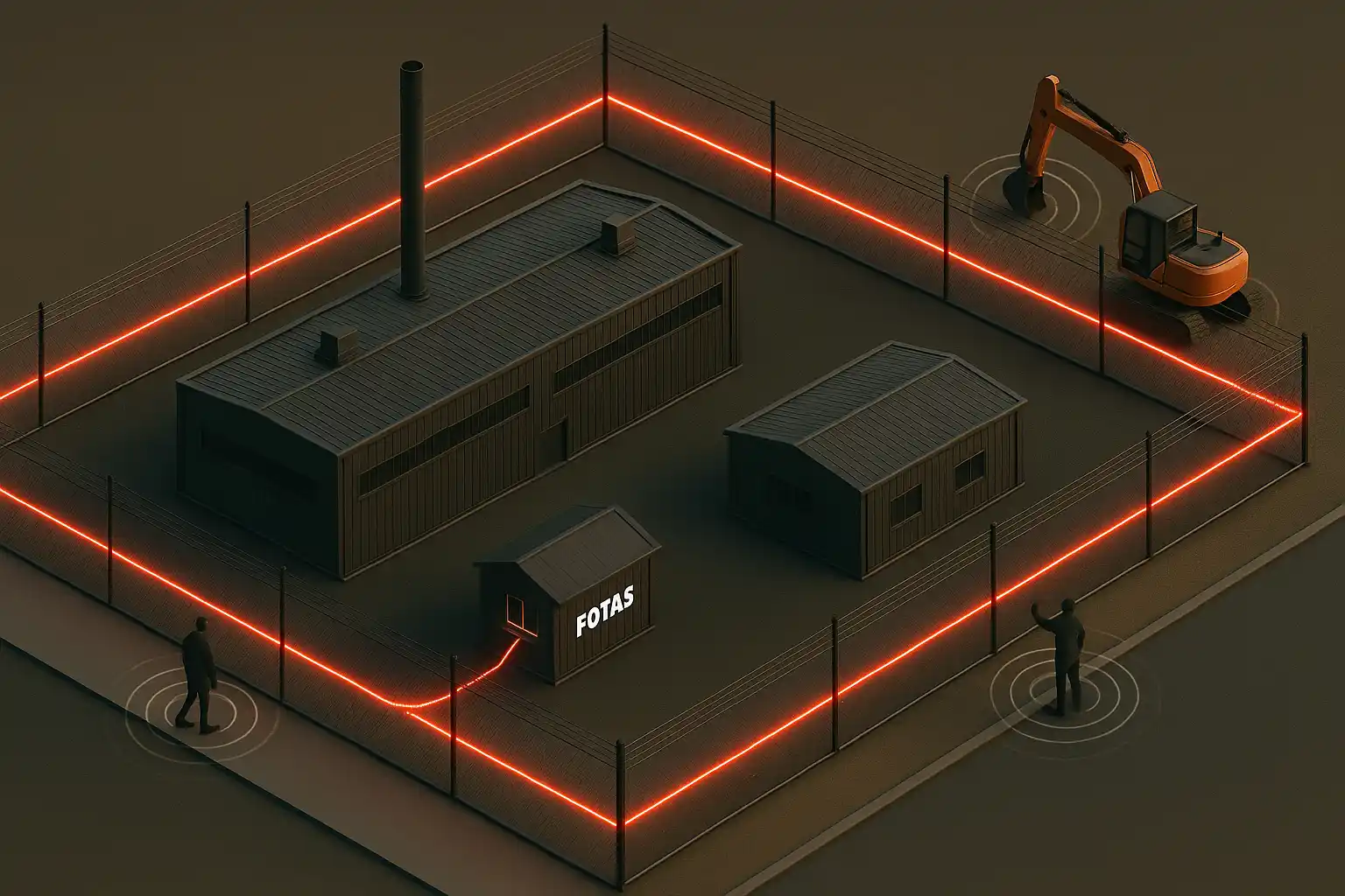 Perimeter fence of an industrial facility secured with FOTAS fiber optic sensing, detecting human and vehicle movement around the site.