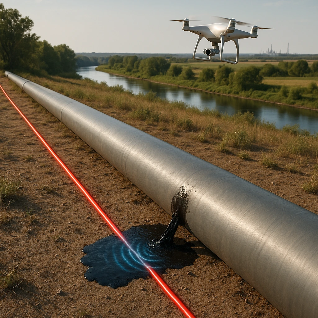 A large steel pipeline near a river is leaking black liquid. A red fiber optic line runs parallel, while a drone monitors the area from above. Blue acoustic waves signal a detected anomaly.