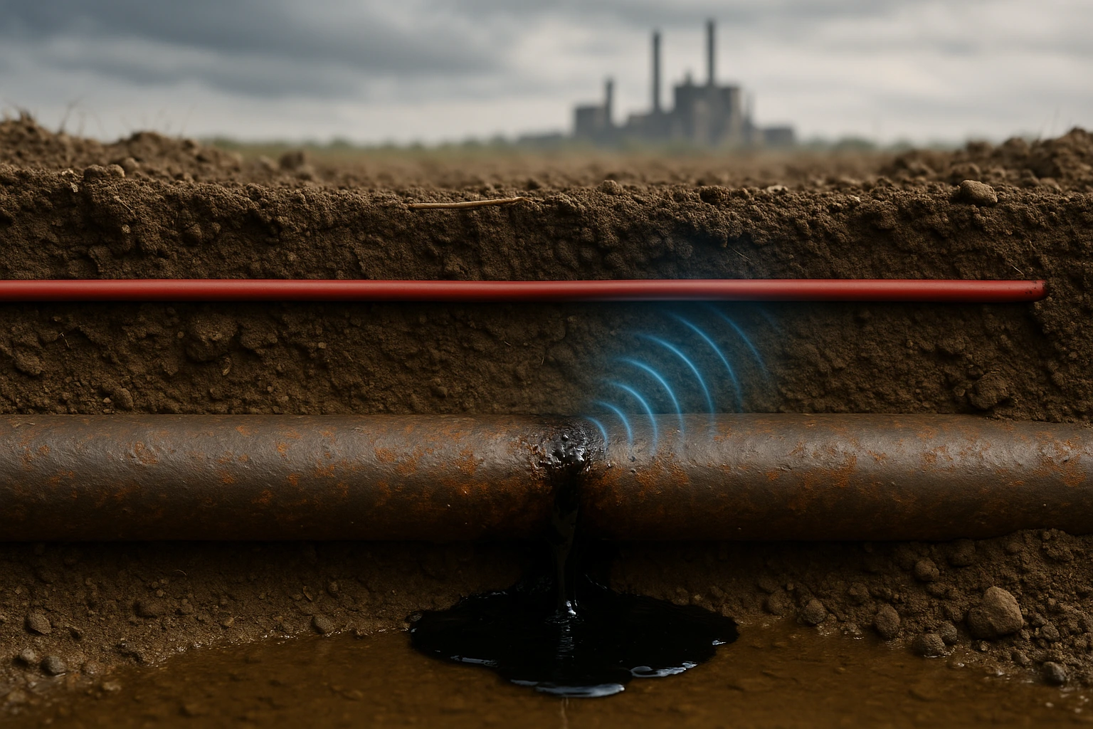 A corroded pipeline is leaking underground. A red fiber optic cable runs parallel above it, detecting the anomaly via acoustic signals.