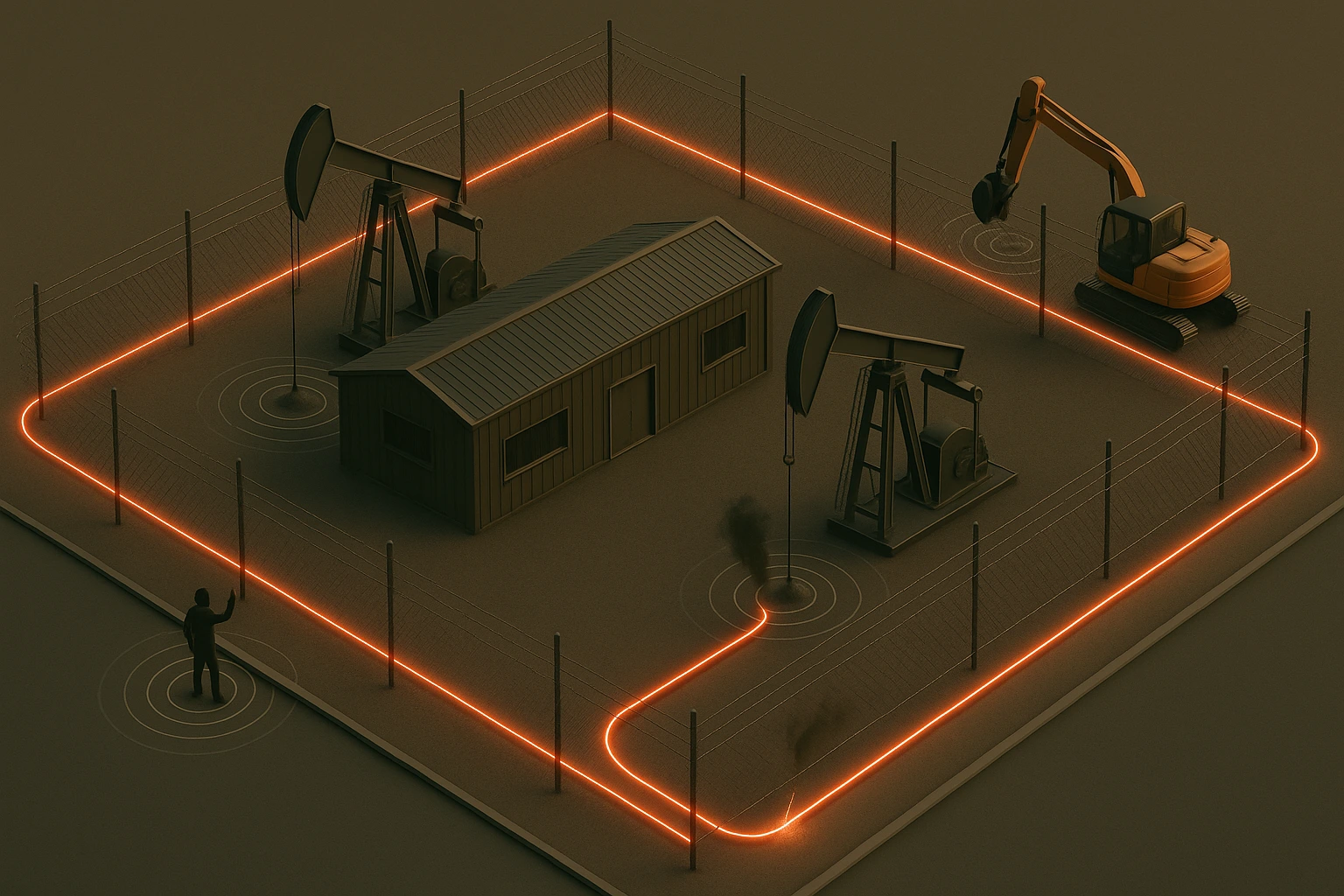 An oil extraction site is protected by a glowing fiber optic perimeter. A person, vehicle, and drill generate visible disturbances detected by the system.