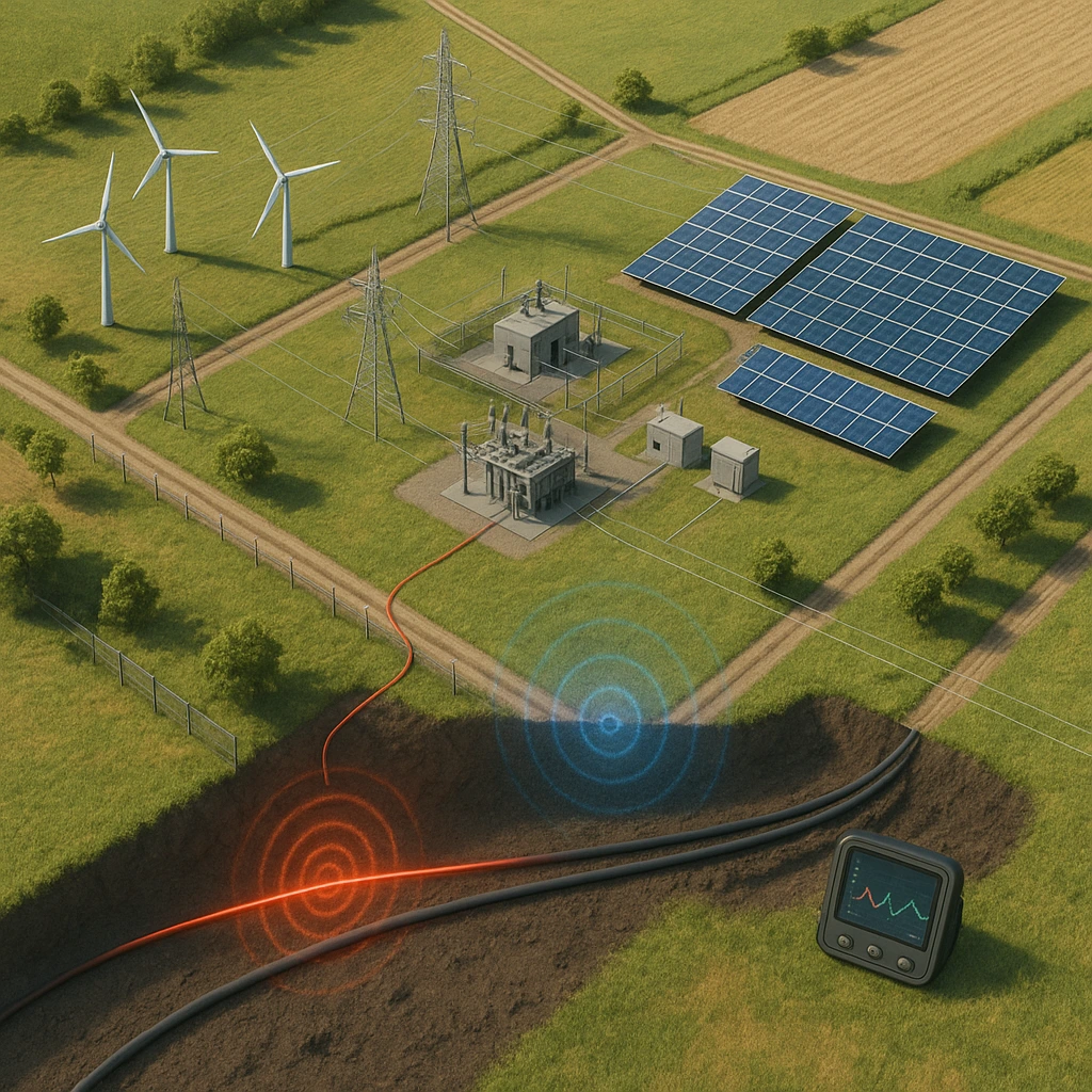 FOTAS fiber optic sensing system monitoring temperature and vibration anomalies across solar and wind-powered energy infrastructure.