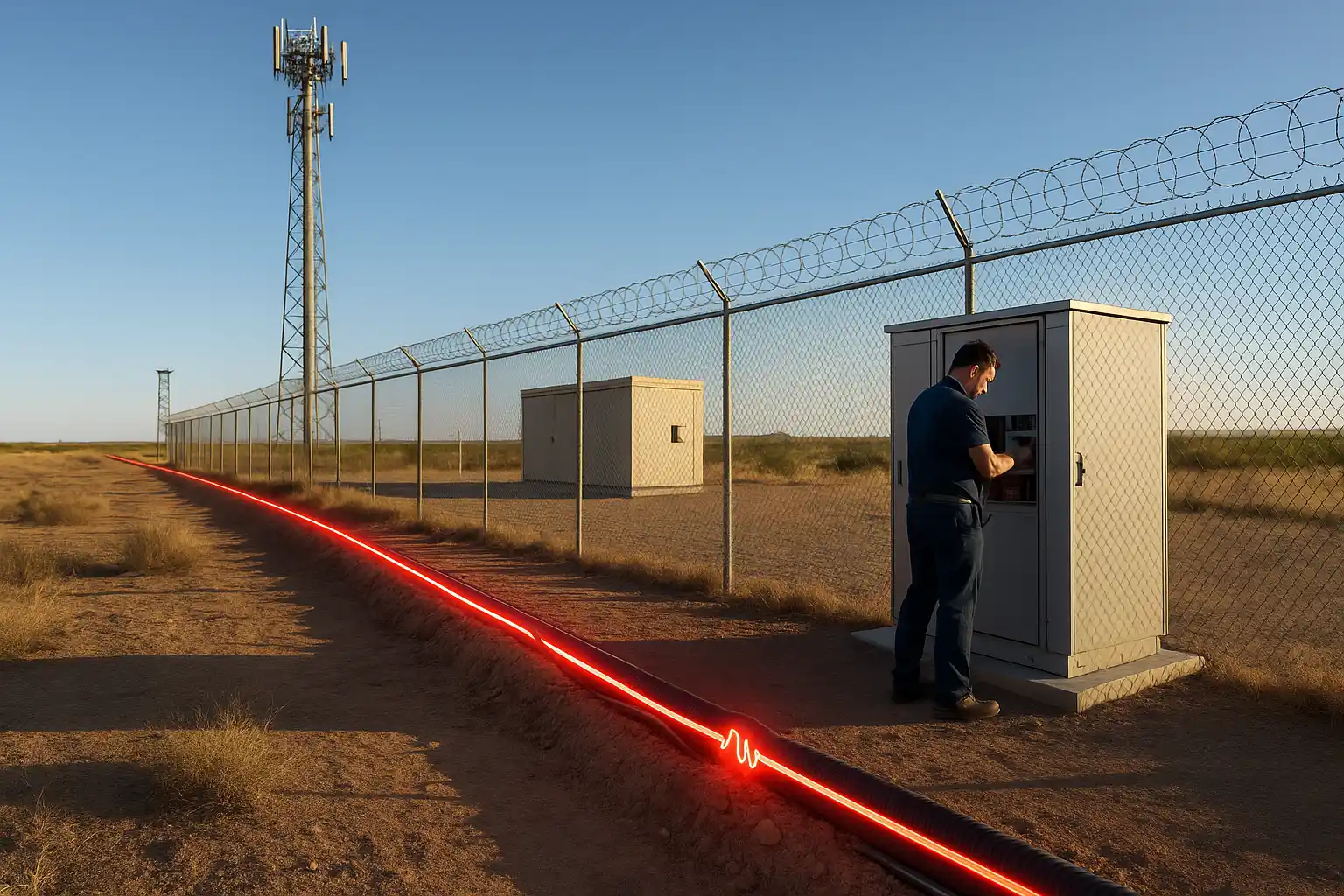 A technician inspects a control cabinet near a fenced telecom facility. A glowing red fiber optic cable runs along the perimeter, indicating real-time Distributed Acoustic Sensing (DAS) activity.