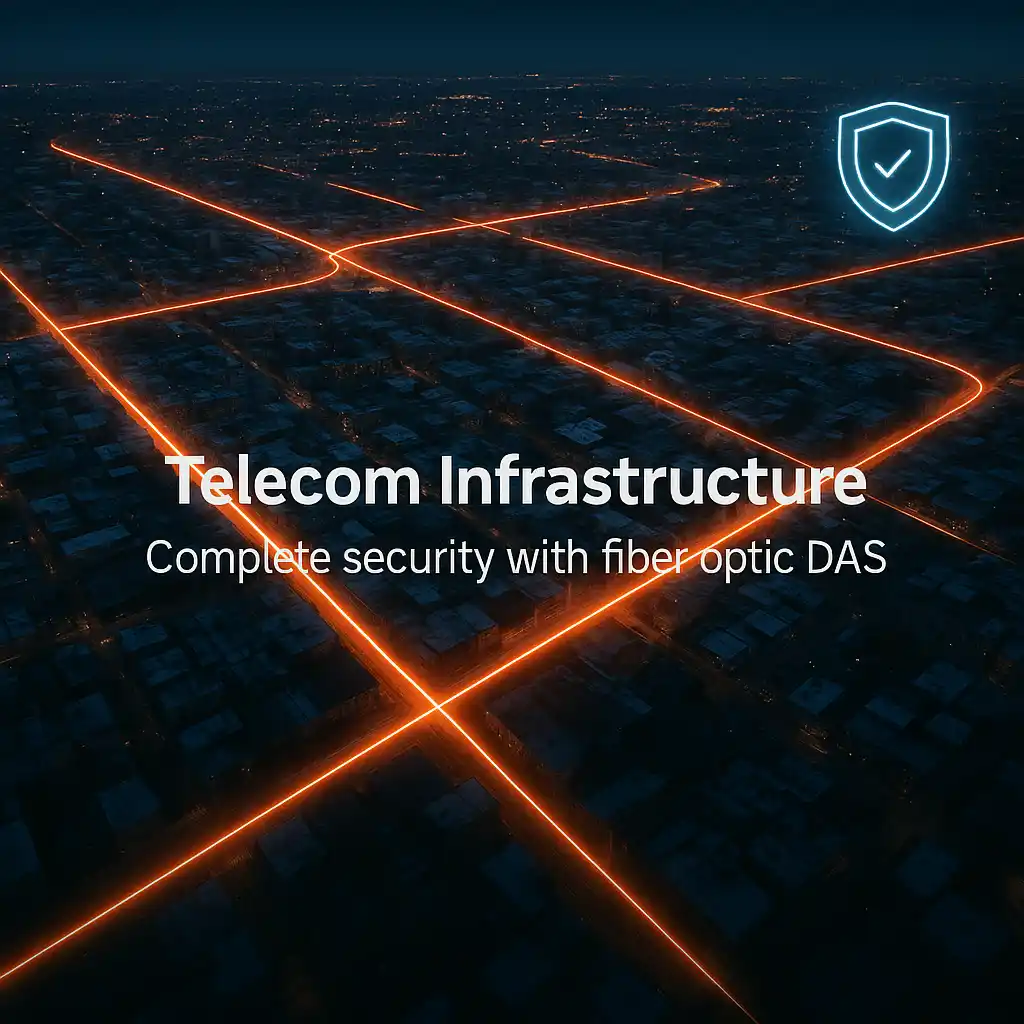 Aerial night view of a city grid with glowing orange fiber optic lines representing DAS-based telecom security infrastructure.
