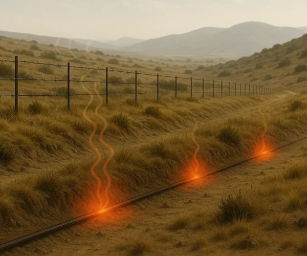 Underground fiber optic cable detecting heat anomalies for border fire monitoring.