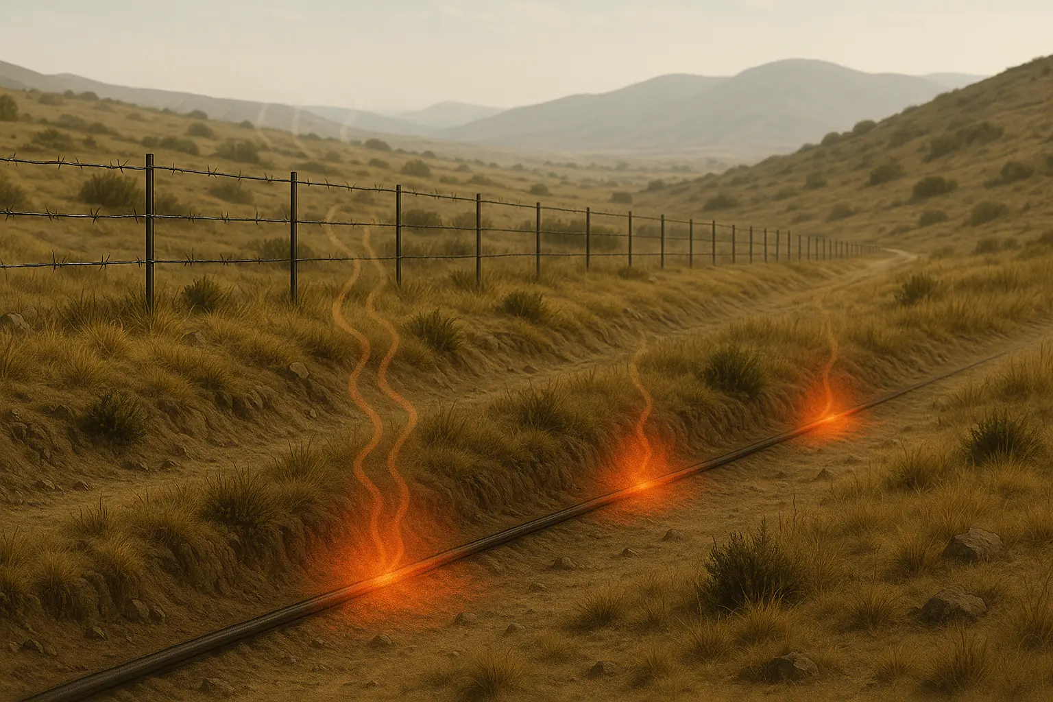 Underground fiber optic cable detecting heat anomalies for border fire monitoring.