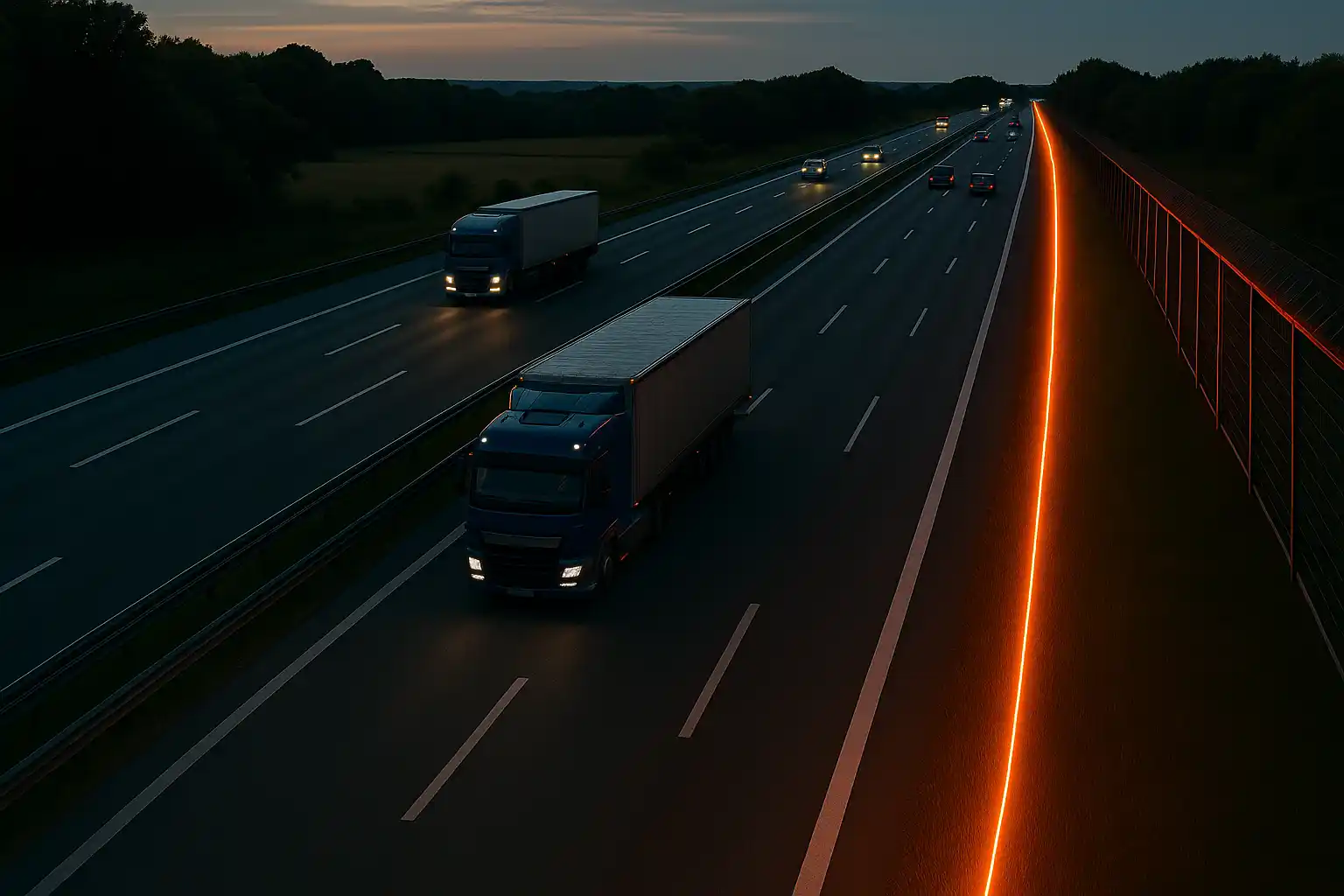 Nighttime highway traffic monitored by FOTAS using fiber optic sensing technology for real-time safety and perimeter surveillance.