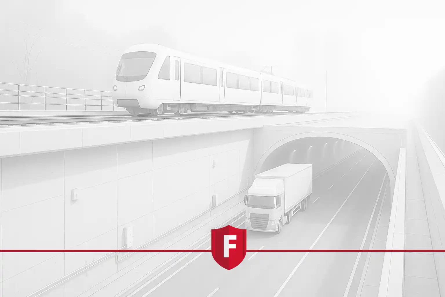 : A white train on a bridge and a truck passing through a tunnel, with FOTAS fiber optic sensors installed along the roadside wall.