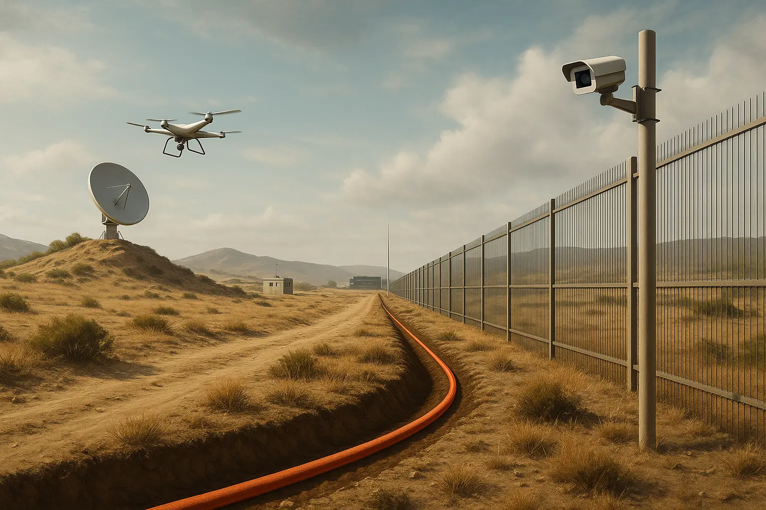 Drone surveillance and fiber optic cable installation along a border security fence.