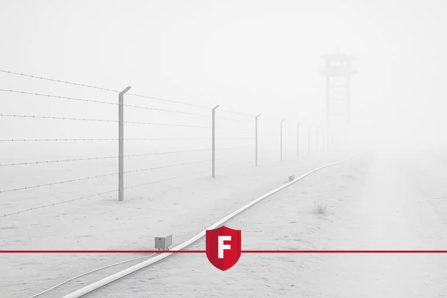 Perimeter fence with fiber optic cable for DAS border detection system.