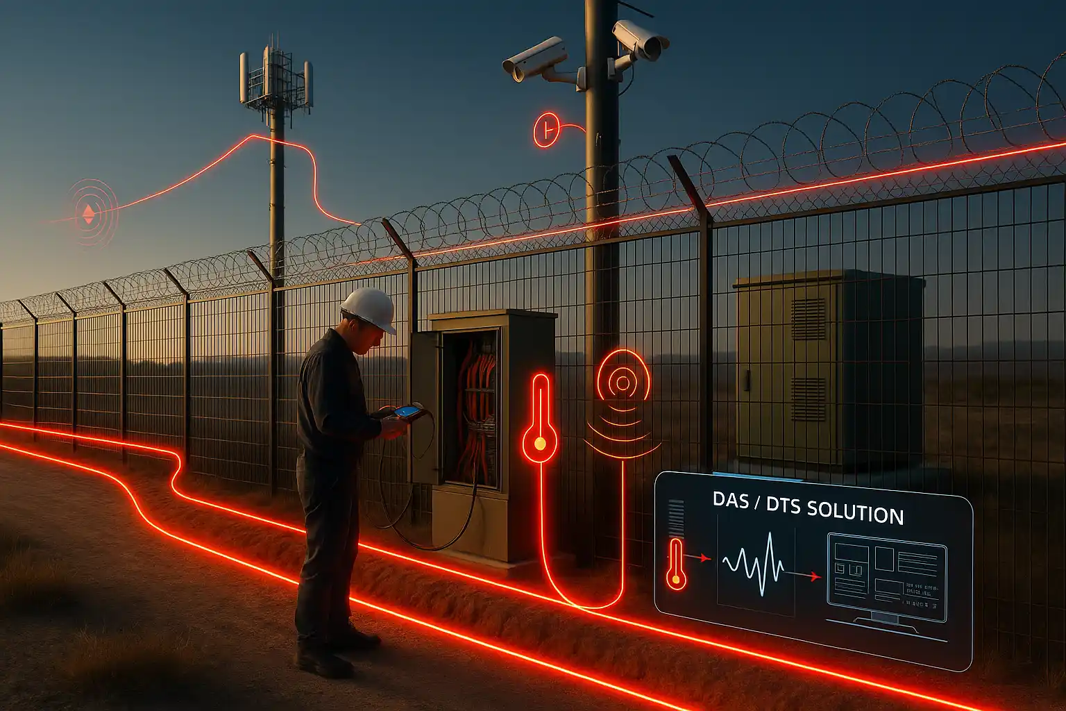 A field engineer monitoring a fiber optic DAS/DTS system at a high-security perimeter with thermal and acoustic detection visualizations.