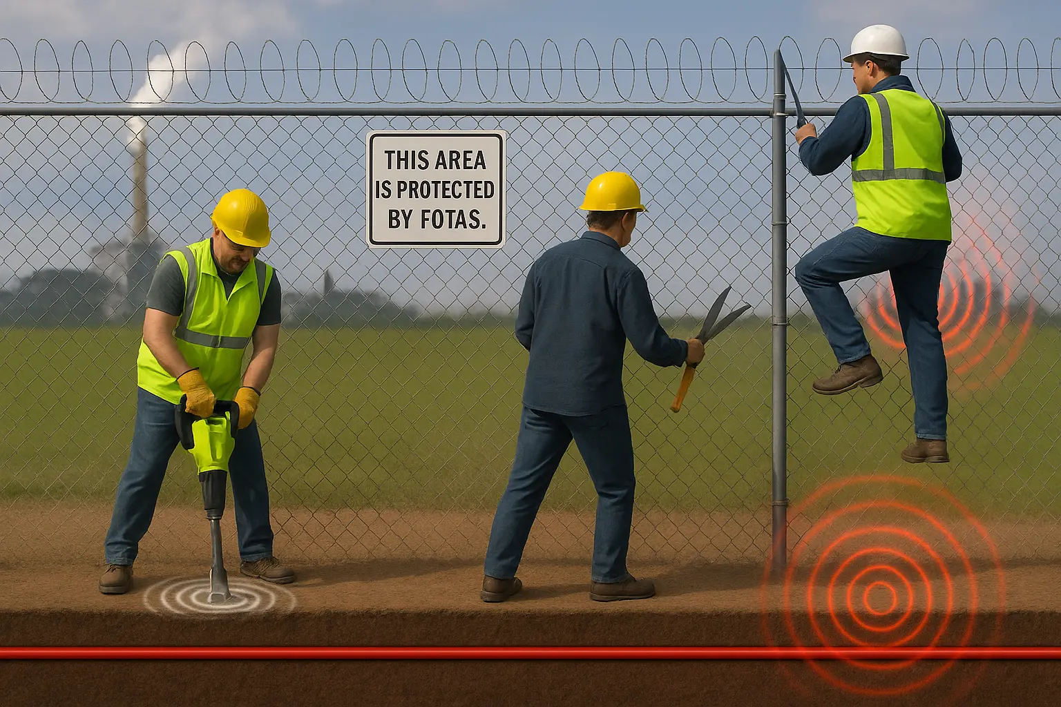 Unauthorized intrusion attempts detected by underground fiber optic sensing system near a fenced facility.