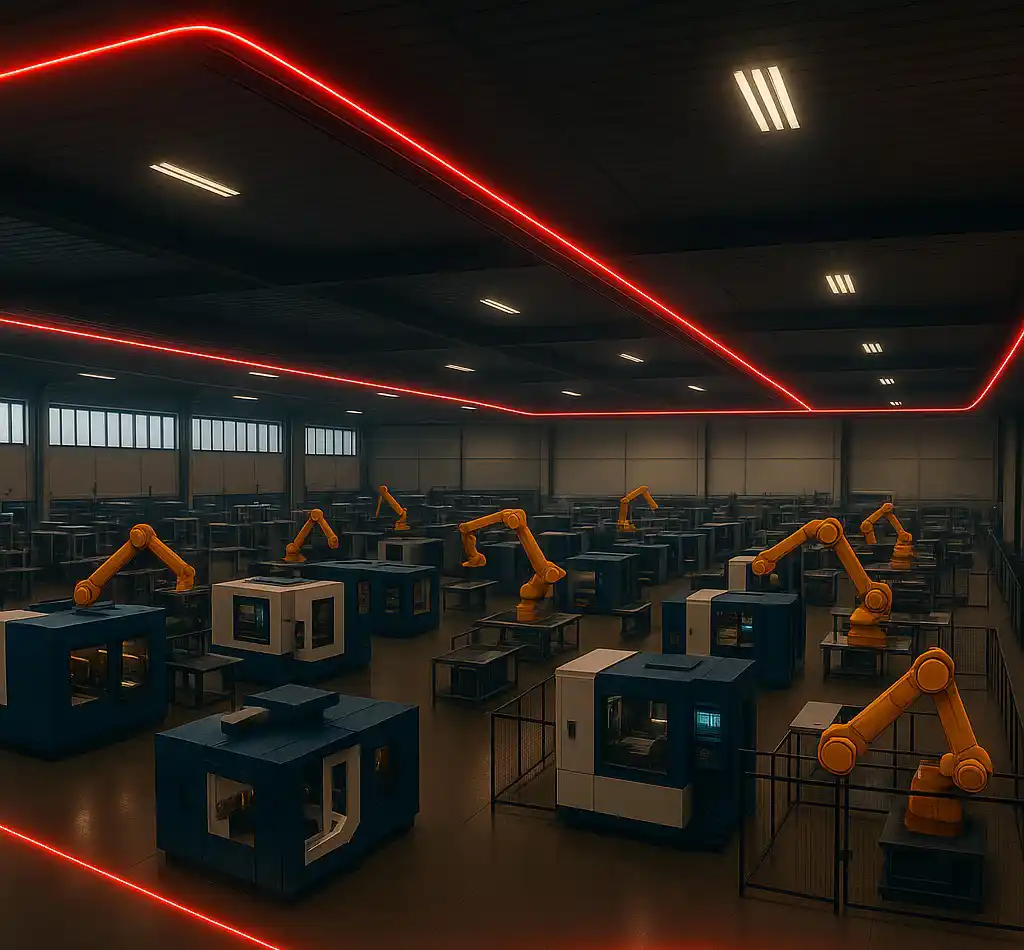 A robotic manufacturing facility equipped with overhead FOTAS fiber optic sensing for early fire detection and perimeter security monitoring.