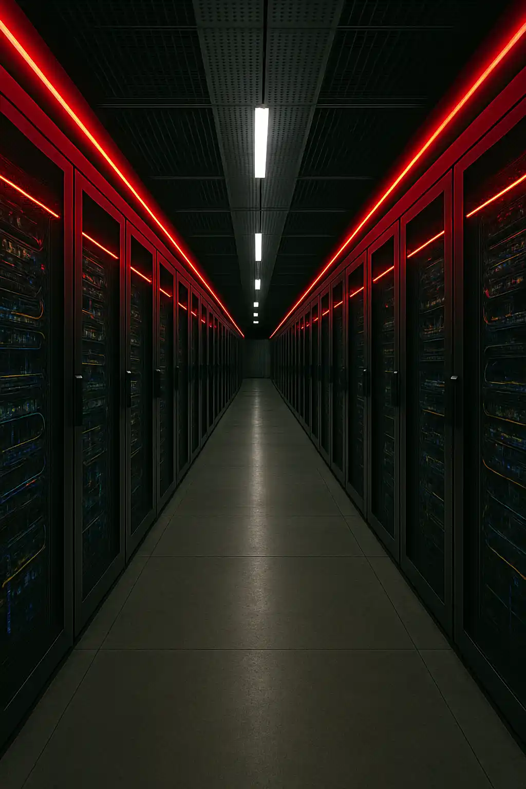 Red fiber optic sensing line inside a data center corridor monitored by FOTAS for temperature anomalies and security threats.