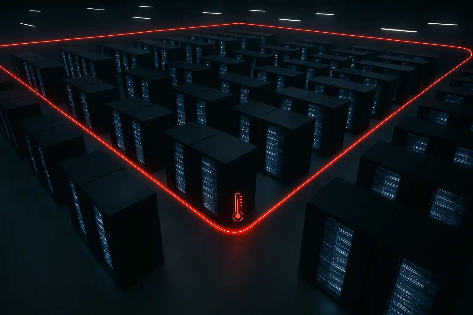 Dark data center with fiber optic DTS line monitoring server rows for overheating and environmental thermal threats.