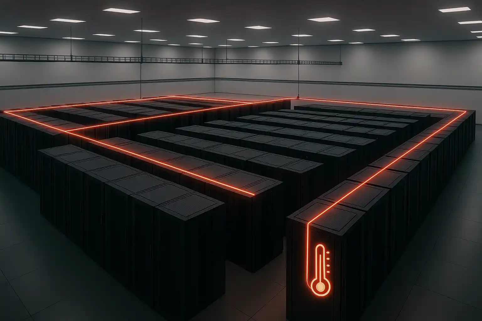 Fiber optic Distributed Temperature Sensing (DTS) line monitoring thermal changes in a data center to prevent overheating and fire risk.