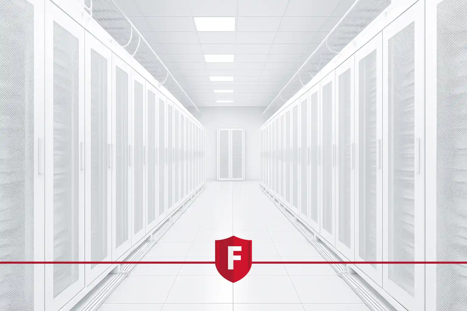 A white data center corridor with server racks monitored by DTS technology.