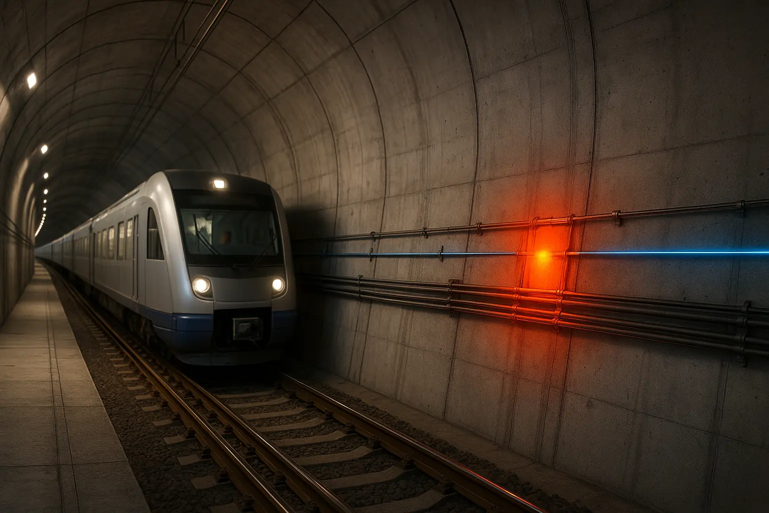 Subway train inside a tunnel with fiber optic Distributed Temperature Sensing (DTS) cables detecting heat anomalies for transportation infrastructure monitoring.