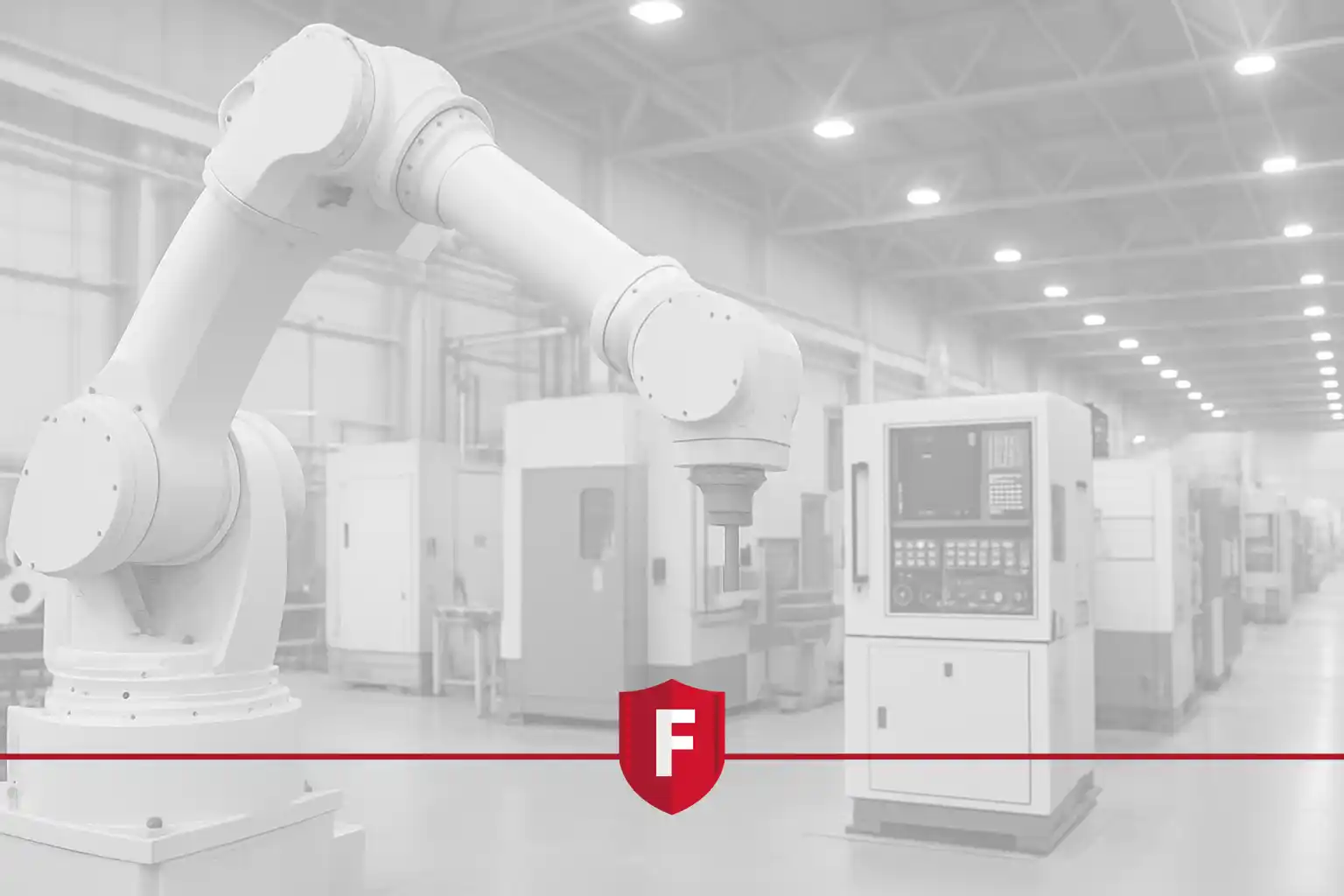 Robotic arm and CNC machines in a smart factory environment monitored using DTS technology.