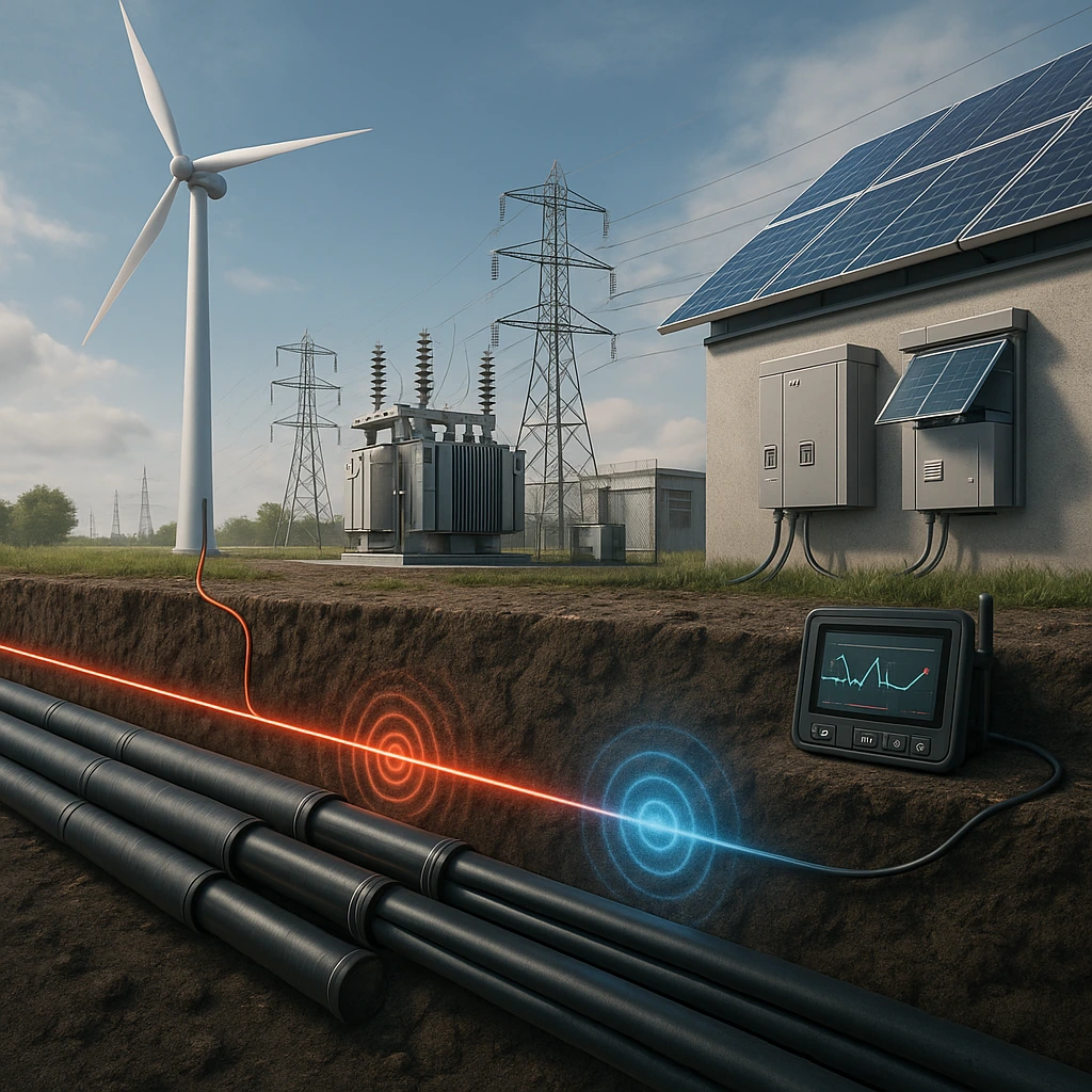 Underground energy cables monitored by FOTAS using fiber optic DTS and DAS technologies beneath a renewable energy facility.