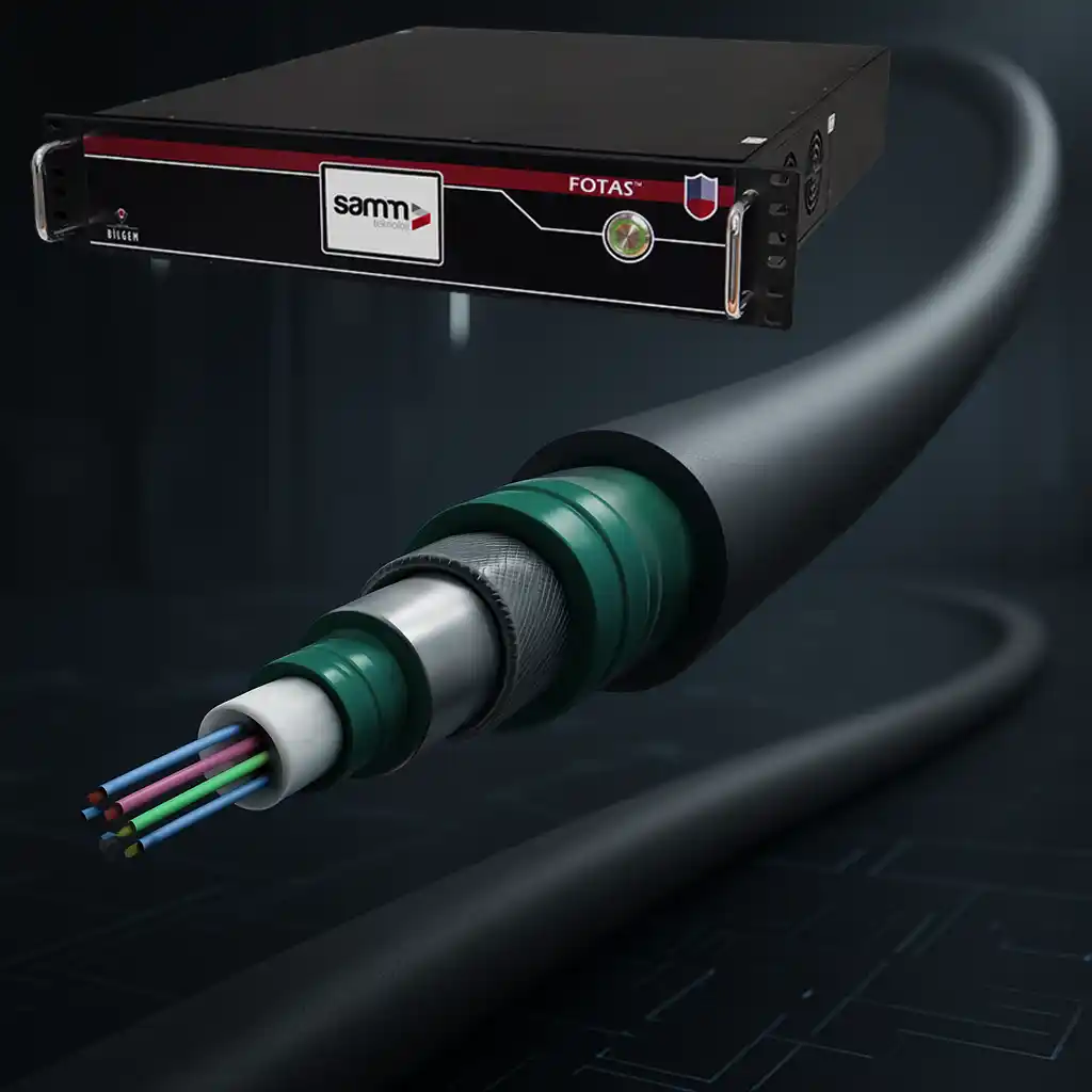 Fiber optic sensing cable with stripped layers, alongside FOTAS device, representing the central DAS infrastructure.