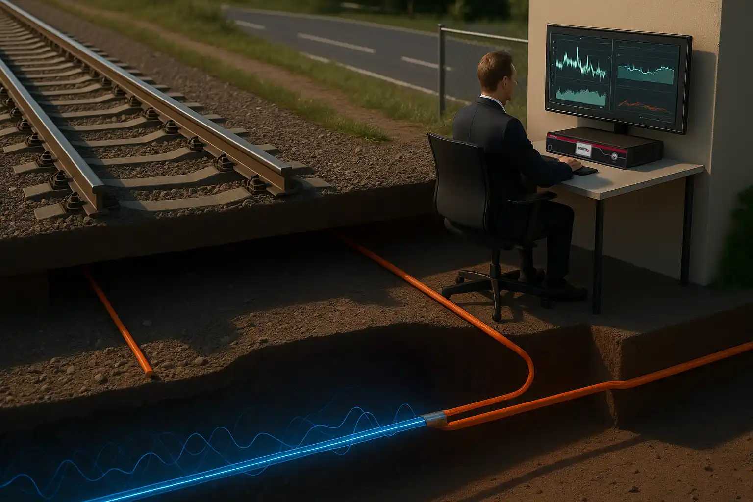 Engineer monitoring railway vibration data in real time using Distributed Acoustic Sensing (DAS) technology integrated into fiber optic cables beneath the tracks.