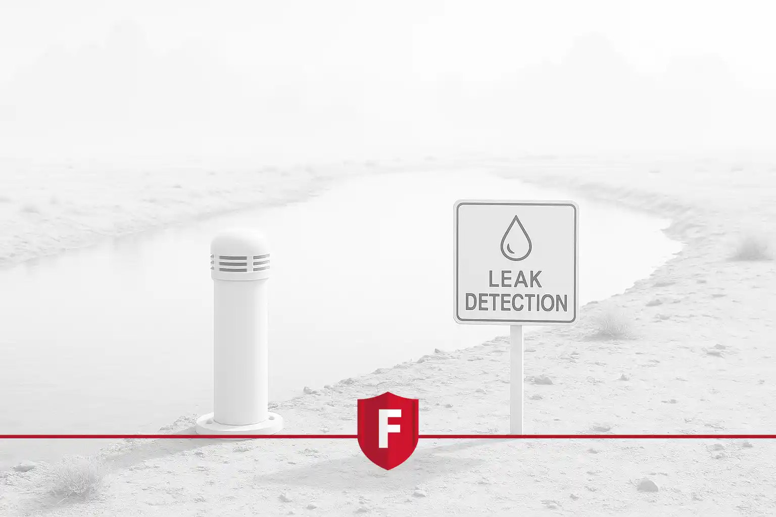A desert canal scene with a leak detection sign and monitoring unit near water, representing FOTAS fiber-optic based leak detection system.