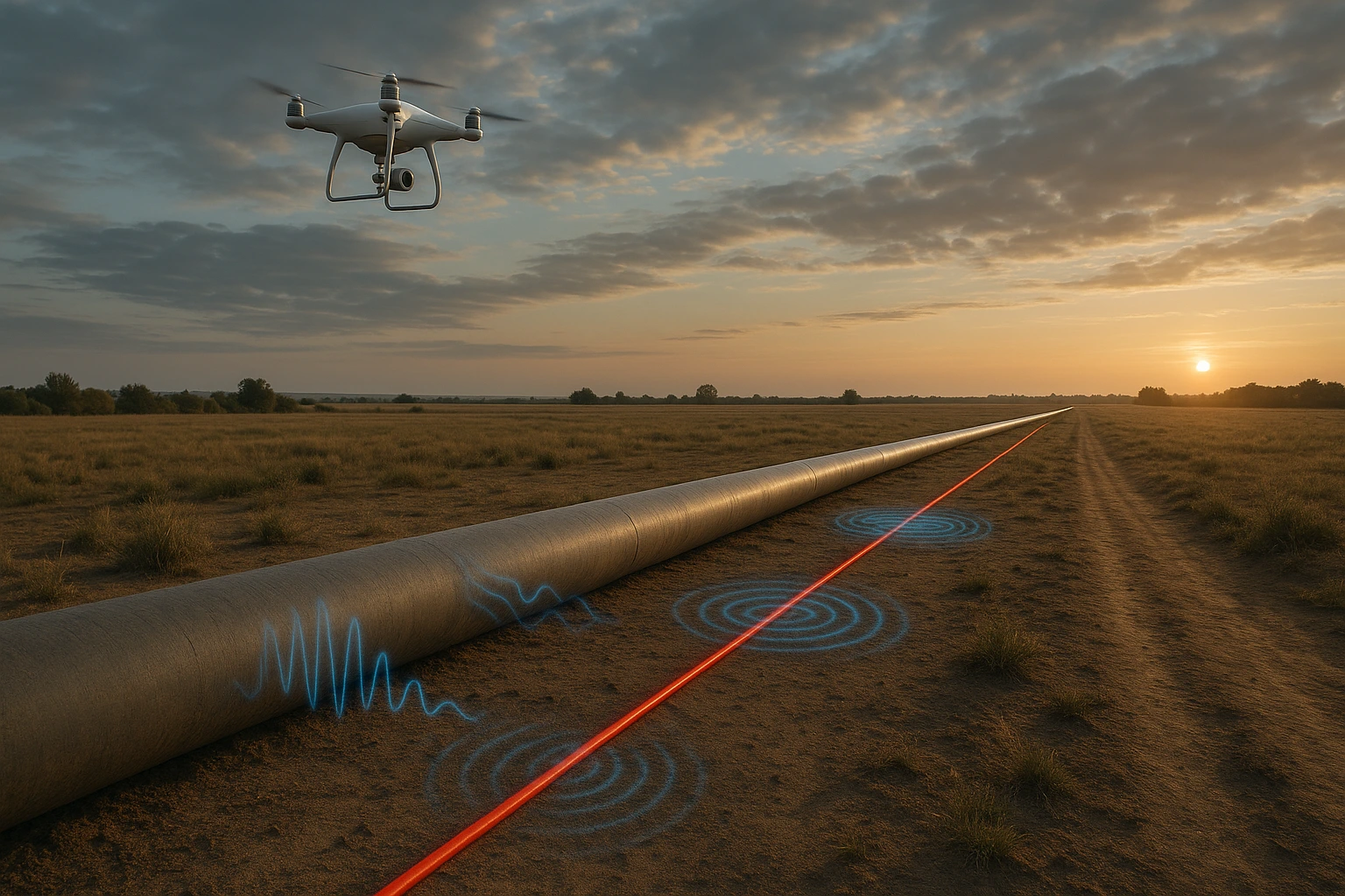 A long oil pipeline runs through an open field at sunset. A red fiber optic line runs alongside it. A drone hovers above, while seismic waves and vibration patterns are detected underground.
