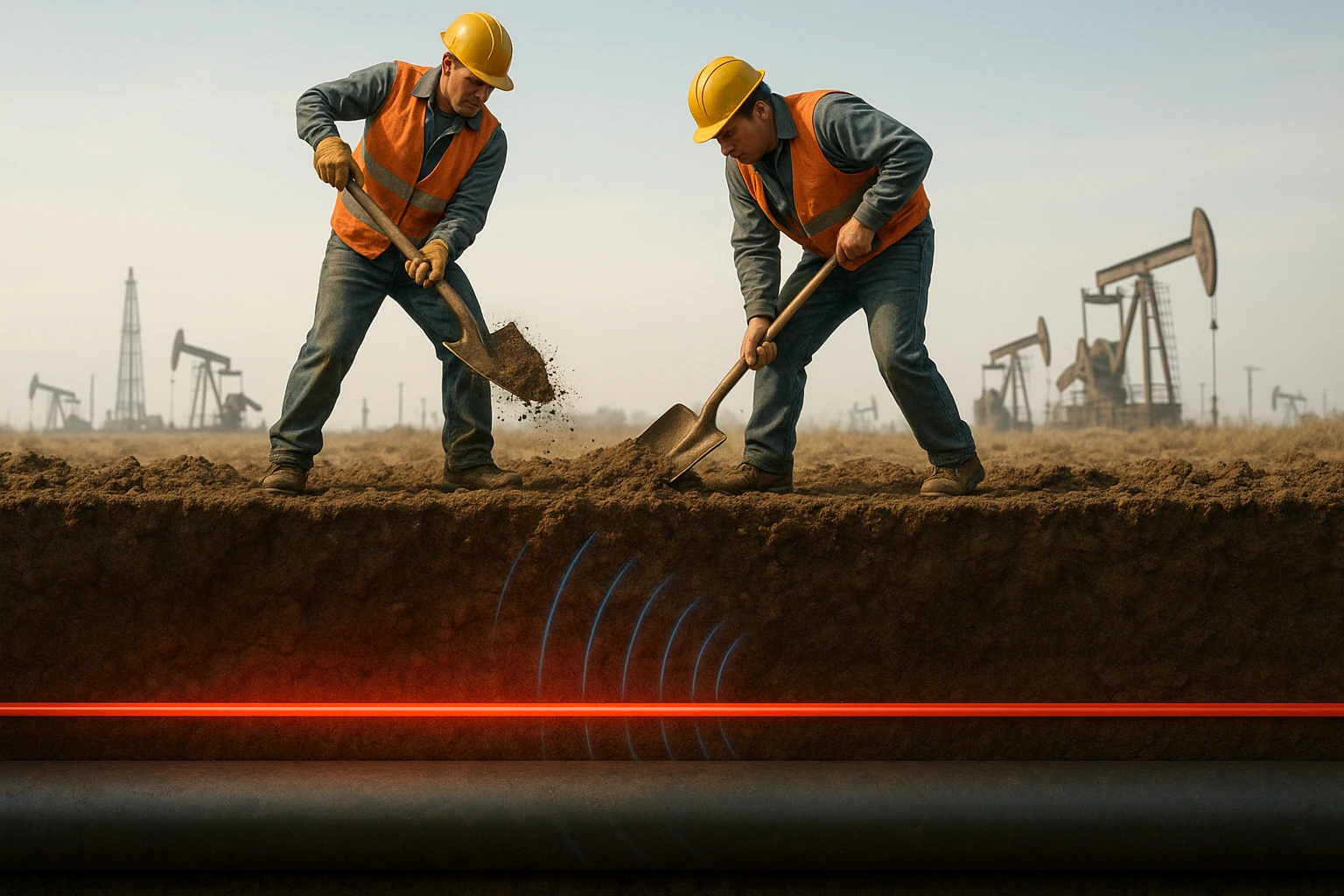Two workers are digging near a buried pipeline, with a glowing red fiber optic cable indicating vibration detection via DAS technology.