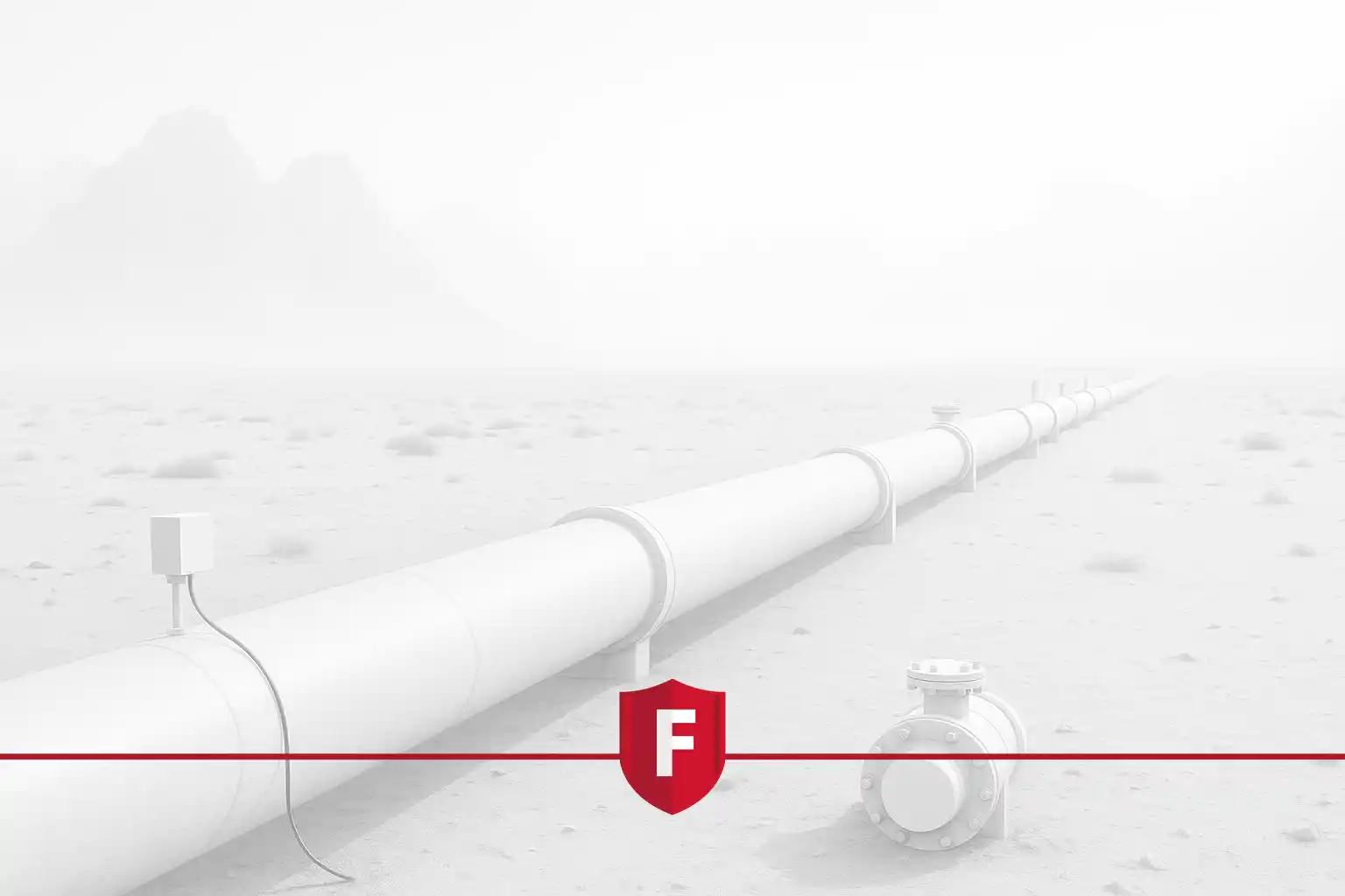 A fiber optic sensor system attached to a long oil or gas pipeline across a desert landscape.