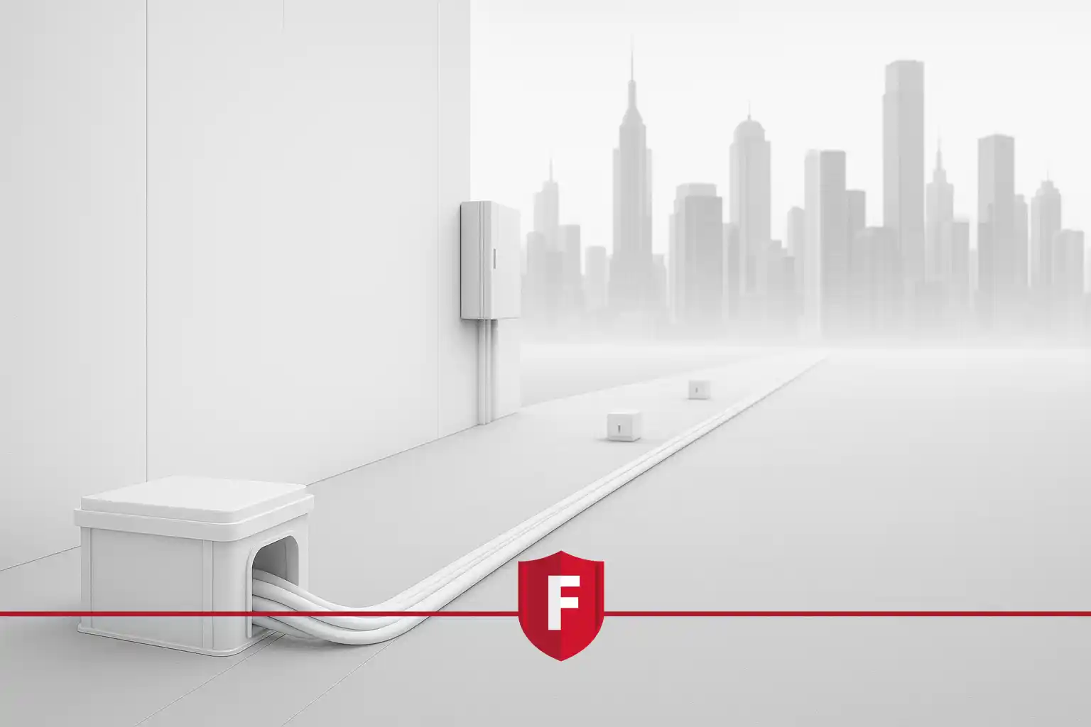 Fiber optic cables exiting a wall-mounted unit and extending underground toward a secured urban infrastructure, symbolizing FOTAS protection.