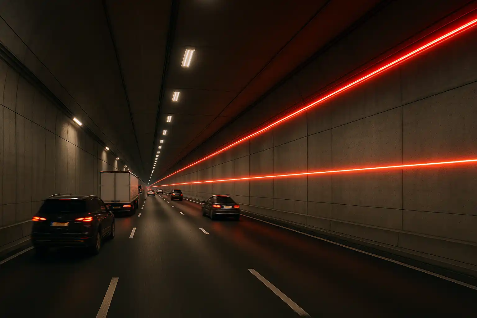 Vehicles drive through a highway tunnel monitored by FOTAS using fiber optic Distributed Sensing technologies for temperature and vibration tracking.